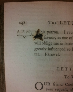 Sometime in the last 214 years, this fly met his unfortunate demise between two pages of MSU's The letters of Marcus Tullius Cicero (PA6308.E5 M4 1799 v.2). Could this conceivably give us any insight into the book's provenance? Why or why not?